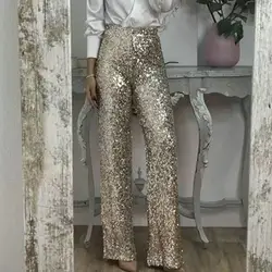 Women Flattering Leg Shape Pants Sequins High Waist Flared Pants for Women Slim Fit Shining Trousers Solid Color Elastic