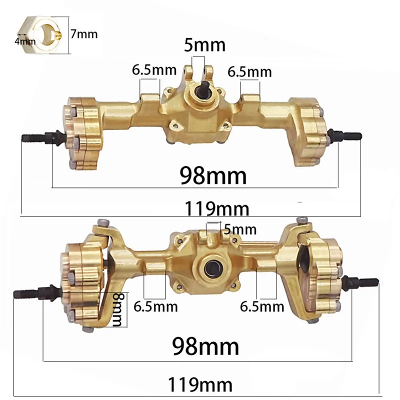 For FMS FCX24 Brass Front and Rear Portal Axle with Gear Drive Shaft Wheel Hex 1/24 RC Crawler Car Upgrade