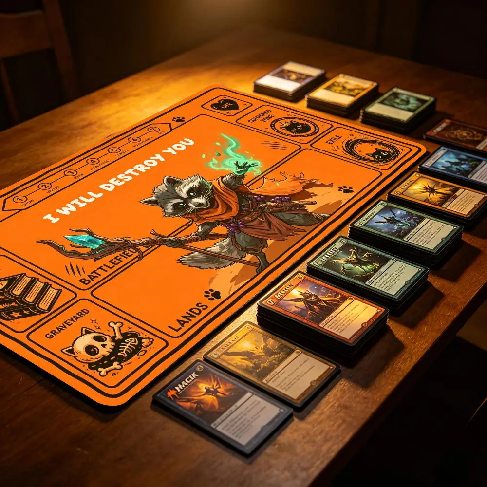 Raccoon Wizard TCG Playmat With Printed Game Zones Non Slip Rubber Card Game Mat For MTG CCG Tabletop Trading Card Gaming