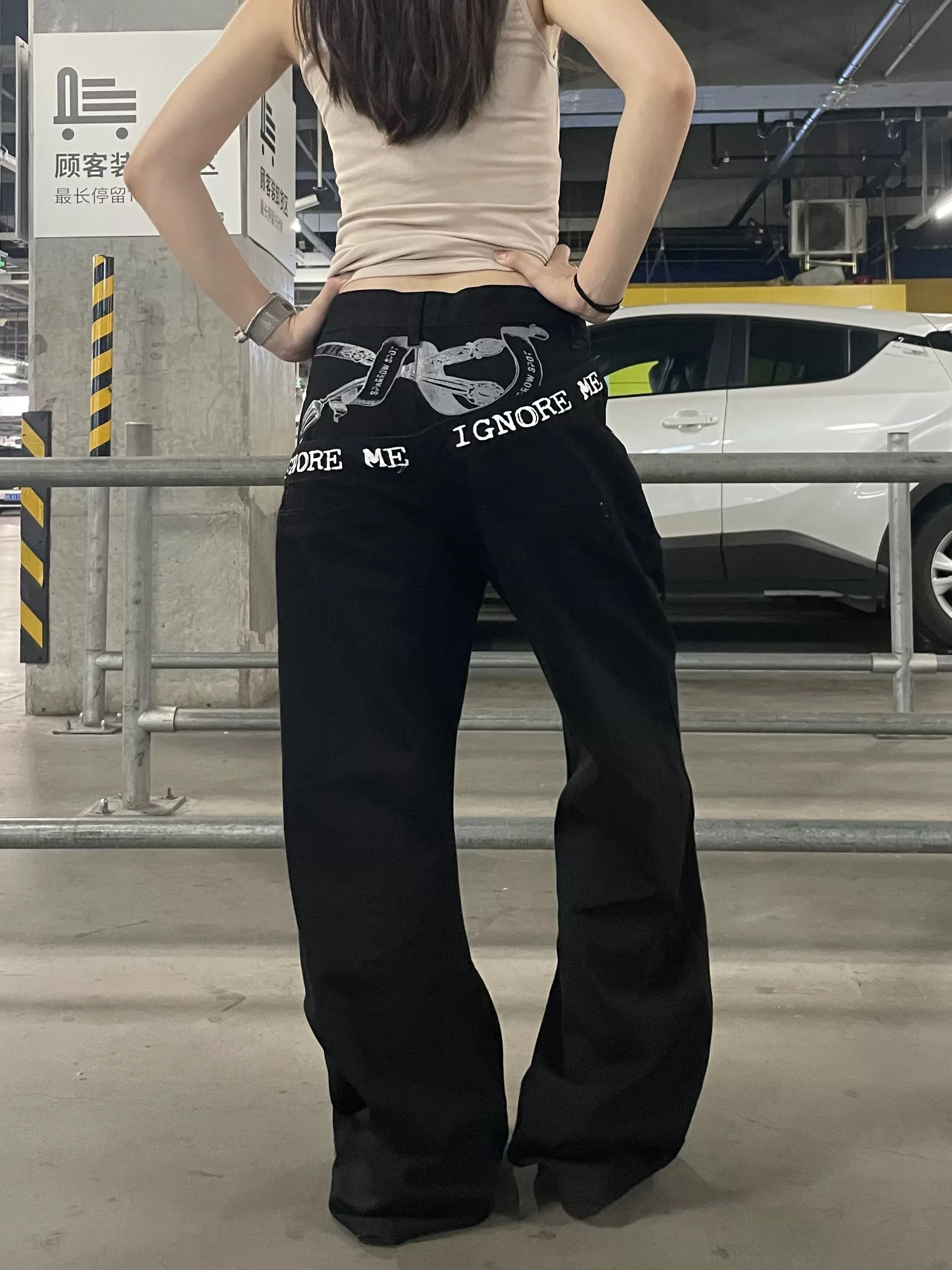 Damskie jeansy w stylu Y2K American Retro z nadrukiem liter, patchworkiem, luźne, w stylu spicy lazy, z wygiętymi nogawkami, modne.