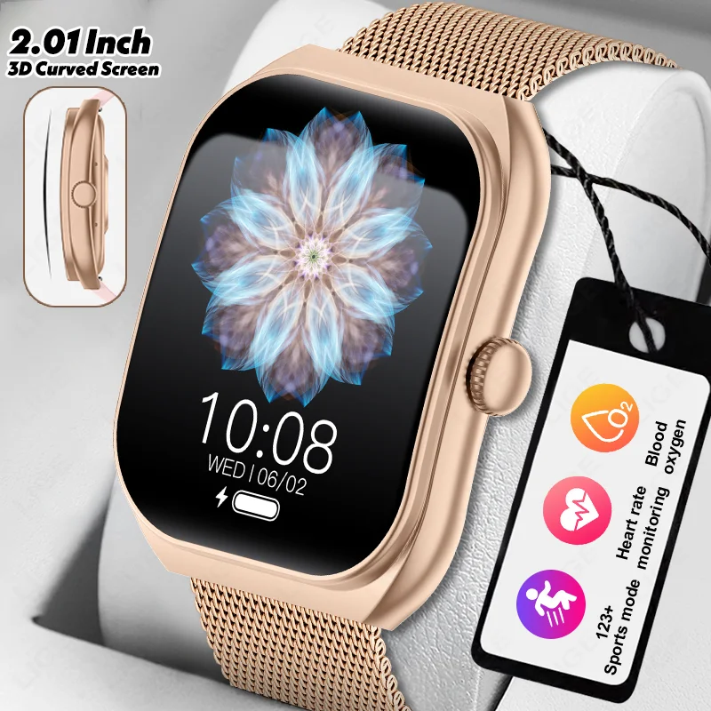 LIGE 2025 New Smart Watch 2.01 Inch 3D Curved Screen Custom Dial Bluetooth Call Heart Rate Men Women Smartwatch For Android IOS