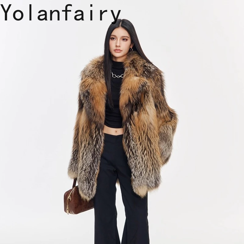 

YOLANFAIRY autumn and winter Retro-style Finnish imported whole commuting style golden real fox fur overcoat шуба женская 2025