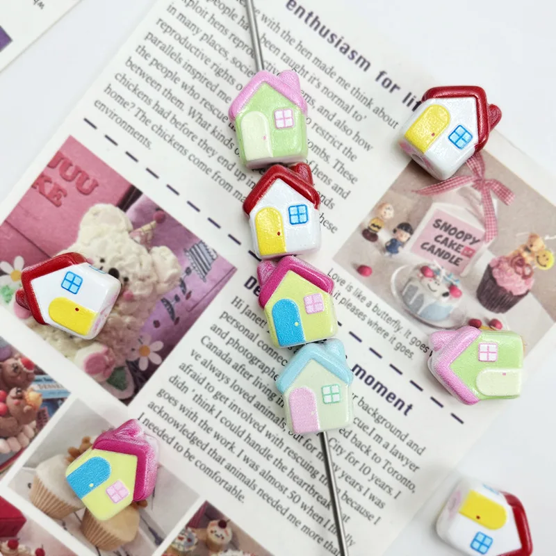 5PCS 14x16mm Embossed Colorful Cartoon House Through Hole Beads DIY Handmade Loose Phone Strap Keychain Pendant Jewelry Accessor