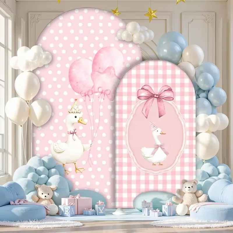 Mehofond Custom 2-Sided One Silly Goose Pink Plaid Kids Birthday Party Baby Shower Cover Chiara Arch Background Decor Backdrop