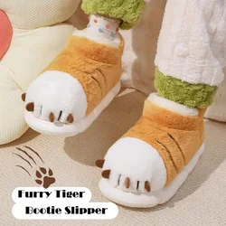 Cartoon Tiger Paw Slipper Women Men Winter Warm Furry Slides Shoes 44-45 Animal Claw Plush Platform Booties Unisex Home Slippers