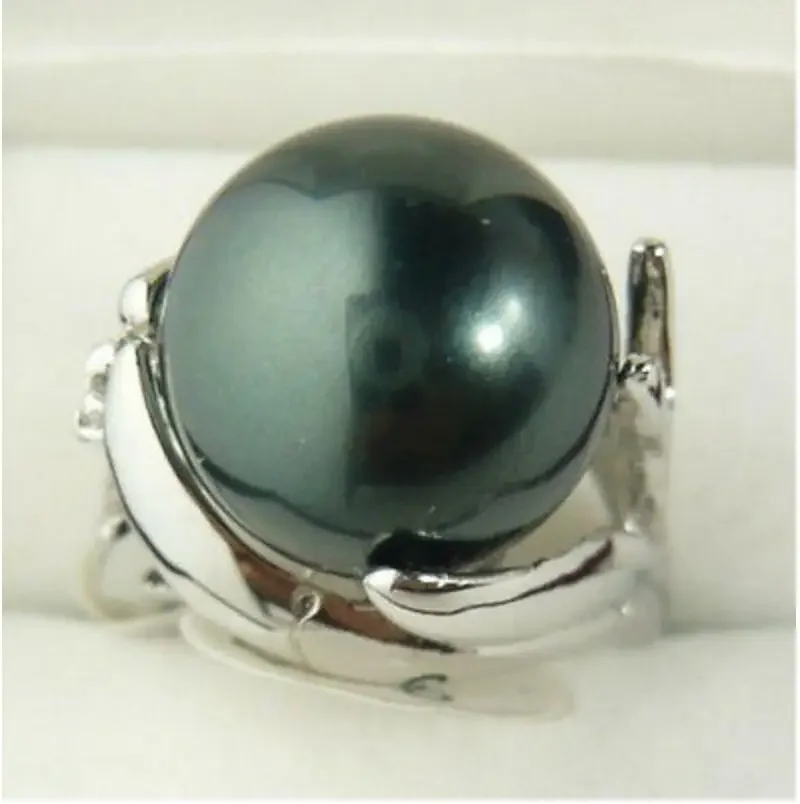 

Fashion jewelry Genuine Natural 14mm Black South Sea Shell Pearl Wedding Jewelry Ring SZ 7/8/9