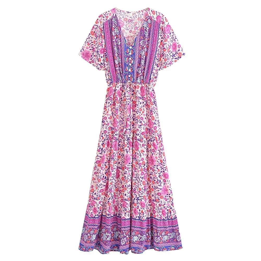 Happie Queens Women Purple Floral Print Short Sleeve Tassel Ruffles Bohemian Maxi Dresses Ladies V-neck Rayon Boho Dress Robe