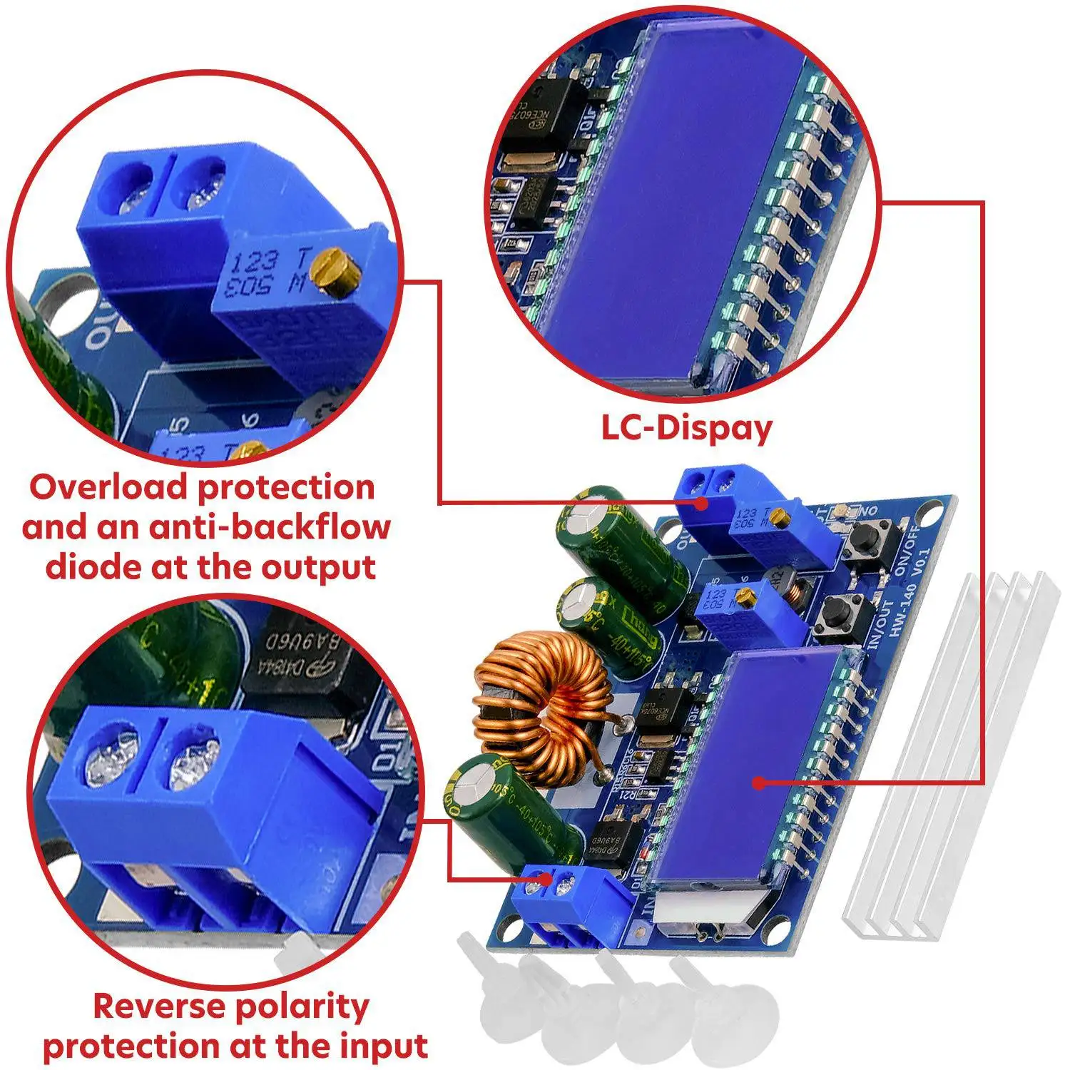 A85P 5 x HW-140 DC-DC Buck Boost Power Converter Automatic Step Up/Down, Volt and Amp Meter LCD Display, Voltage Converter