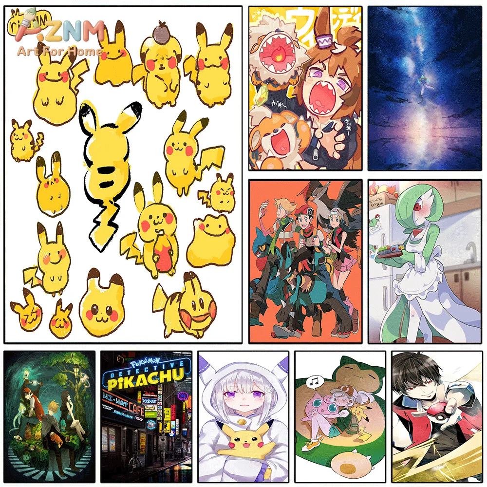 Lienzo Decorativo de Anime Pokémon AZNM, Bonito Dibujo de Pikachu, Gardevoir, Ash, Entrenador, Detective, Pikachu, Impresión HD, Lienzo sin Marco