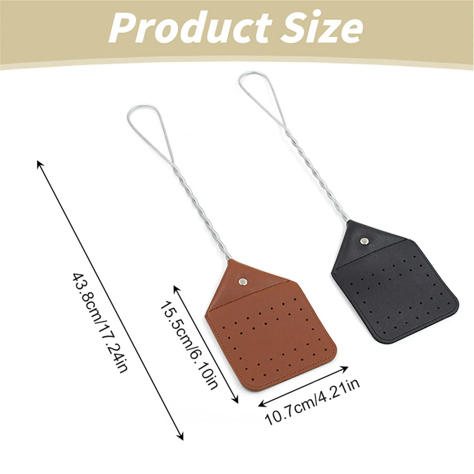 2 Pcs Leather Fly Swatter 17 Inch Long Handle Manual Swat Heavy Duty Handle Rustic Fly Swatter for Indoor Outdoor Black Khaki