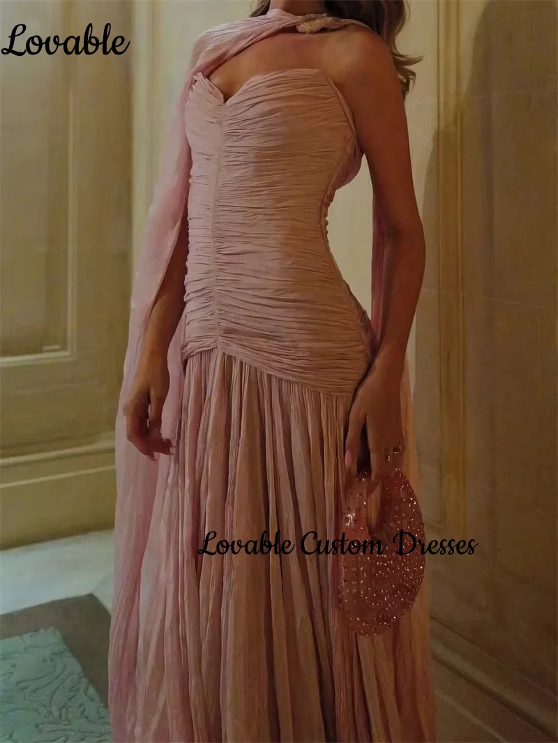 Personalizar vestido de noite coluna rosa mangas compridas querida vestido de festa de casamento até o chão plissado zíper até vestidos formais