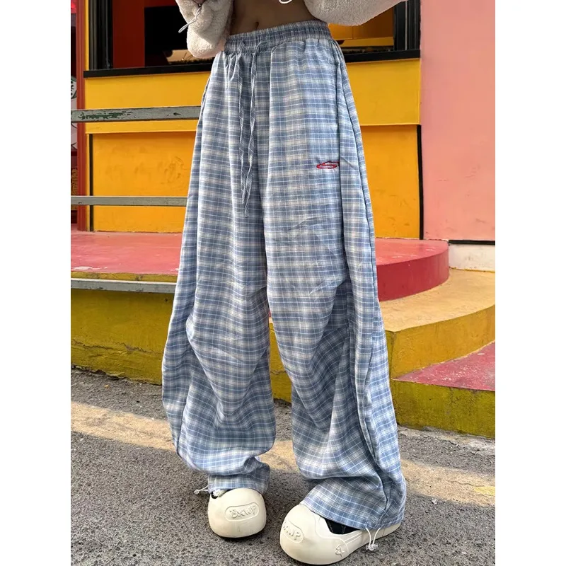 Deeptown Harajuku Vintage Y2k Blue Plaid Women Cargo Pants Embroidery Scimitar Wide Leg Korean Fashion Trousers Baggy Summer