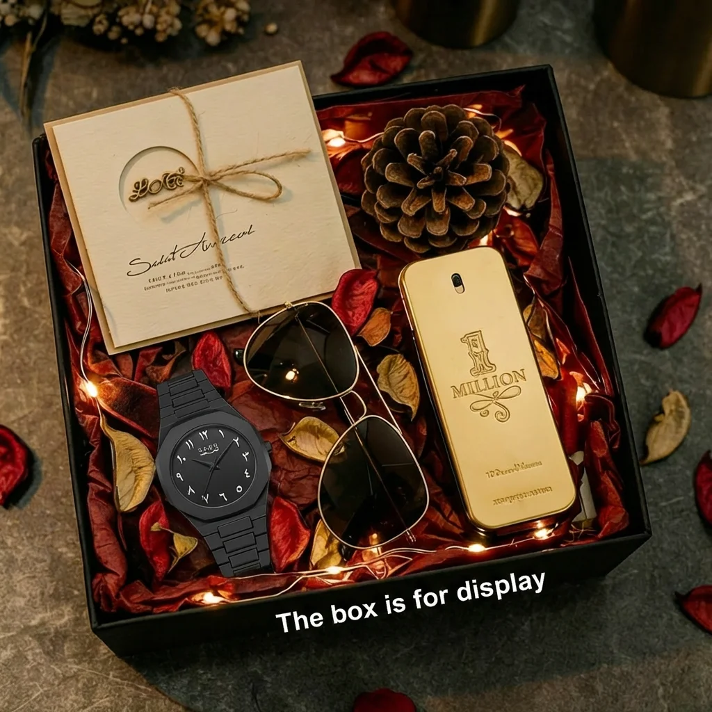 4pc Unisex Black Metal Strap Modern Sleek Unique Dial Numerals Sunglasses Perfume Quartz Watch Gift Set for Daily Wear Gifting