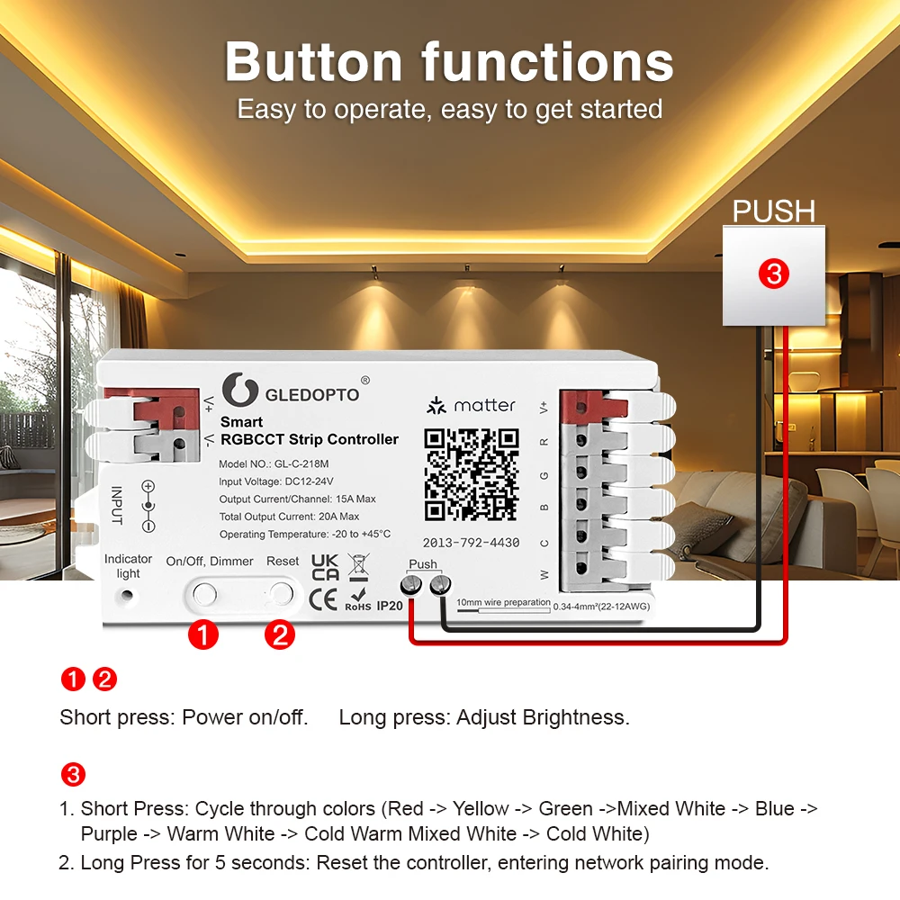 Matter WiFi الذكية RGB + CCT LED تحكم عكس الضوء تيار مستمر 12 فولت 24 فولت COB RGBCW قطاع ضوء ل Homekit اليكسا Smartthings مساعد المنزل #6