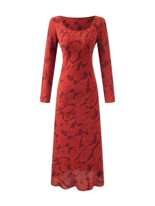 Ele rétro imprimé fleuri longue Sve Dr femmes minceur Sexy coupe Oblique Dr français Sle Polyester décontracté rond Ne