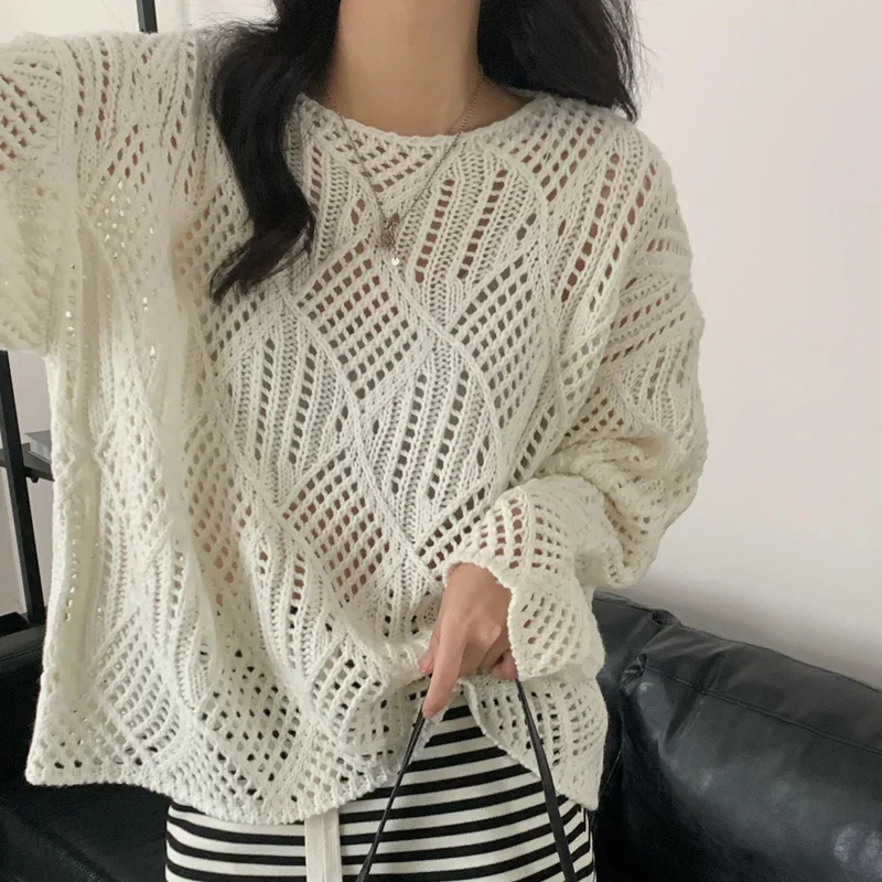 HELIAR Women Hollow Out Sweater Knitted O-Neck Loose Long Sleeve Pullovers Sexy Tops Casual Shirts For Women 2024 Spring