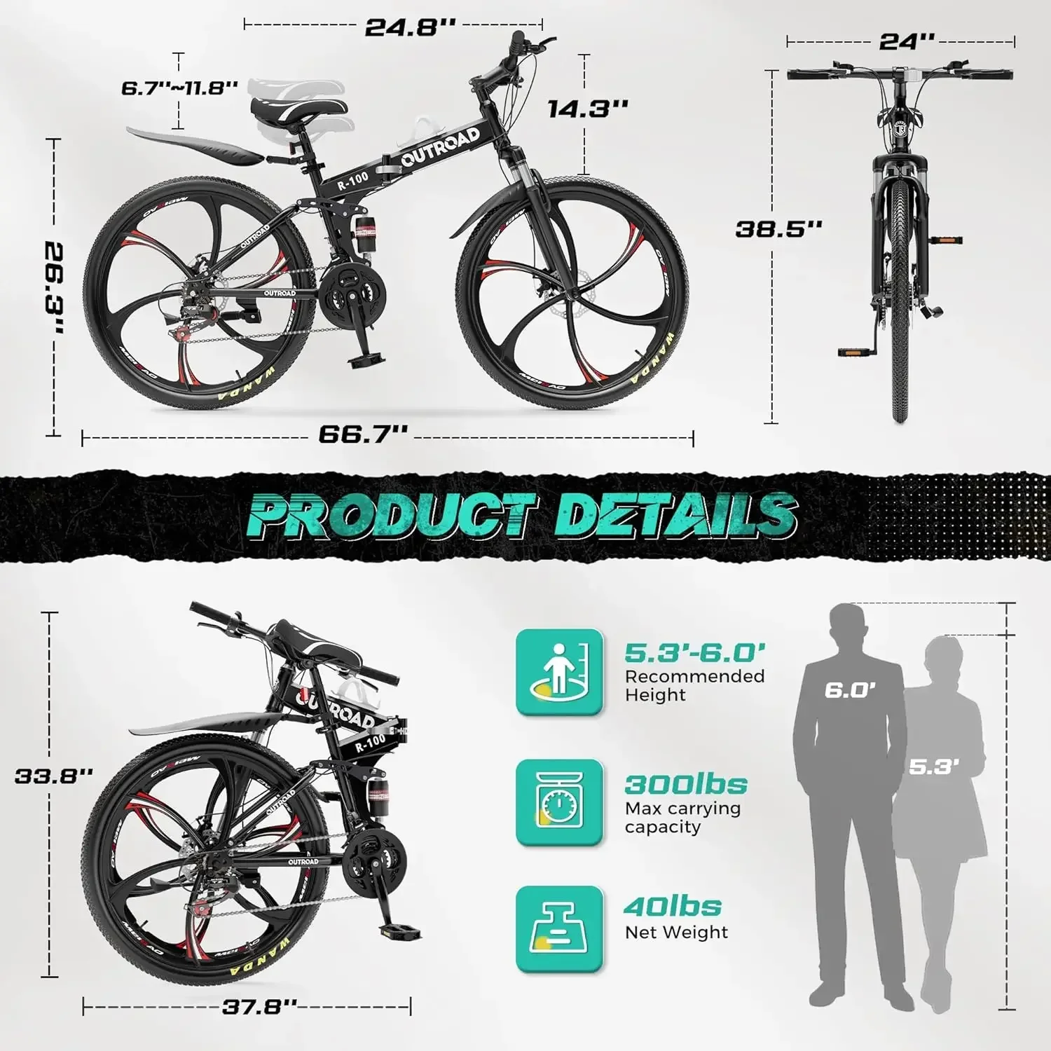 Outroad Mountain Bike Foldable/Unfoldable Bike 26 Inch for Adult, 21-Speed Dual Suspension High-Carbon Steel MTB Foldable Bicycl