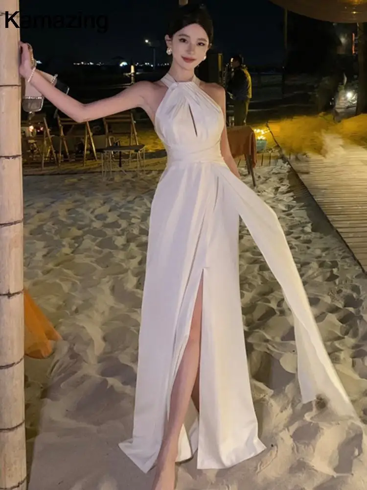 Elegant Sexy Backless Solid Long Dresses EveningBirthday Party Halter Designer White Dress Summer Women Fashion Wedding Vestidos