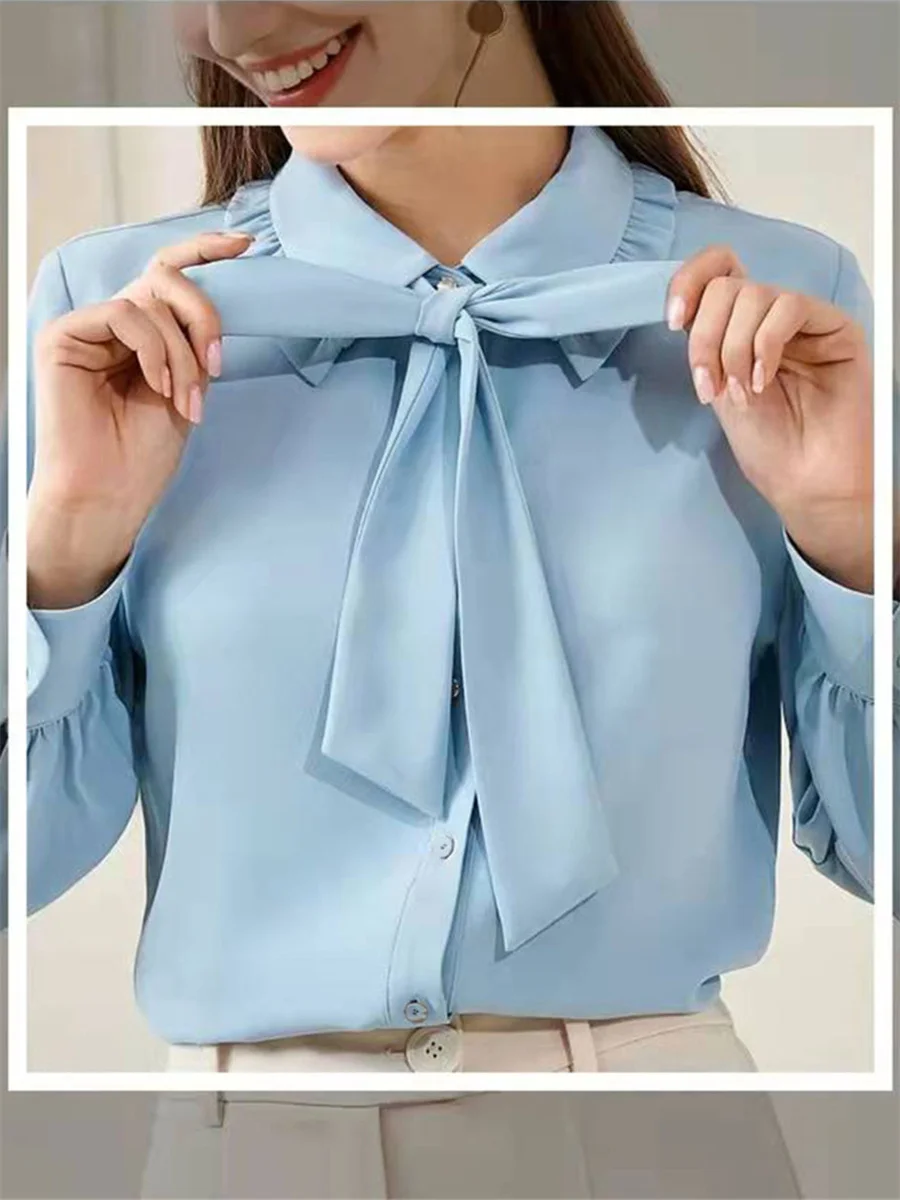 Women Summer Spring Shirts Lady Fashion Casual Long Sleeve Bow Tie Collar Solid Color Office Elegant Blusas Tops G2381