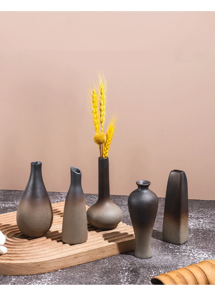 Coarse ceramic Chinese style retro vase, Zen gradient color small vase, hydroponic flower set, home decoration accessories