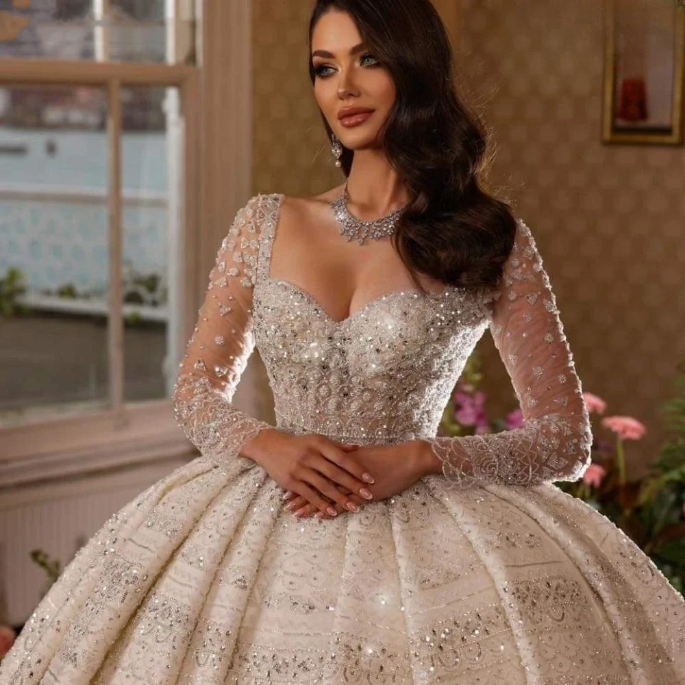 Flavinke personalizado brilhante frisado rendas apliques vestidos de casamento linda ilusão manga longa vestidos de noiva para noiva
