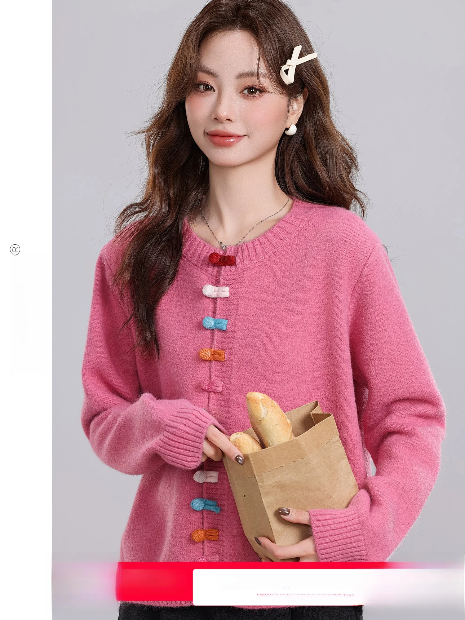 

Модный женский свитер Dopane на пуговицах, розовый, зимний, новинка, с круглым вырезом, длинными рукавами, свободного кроя, эксклюзивно онлайн