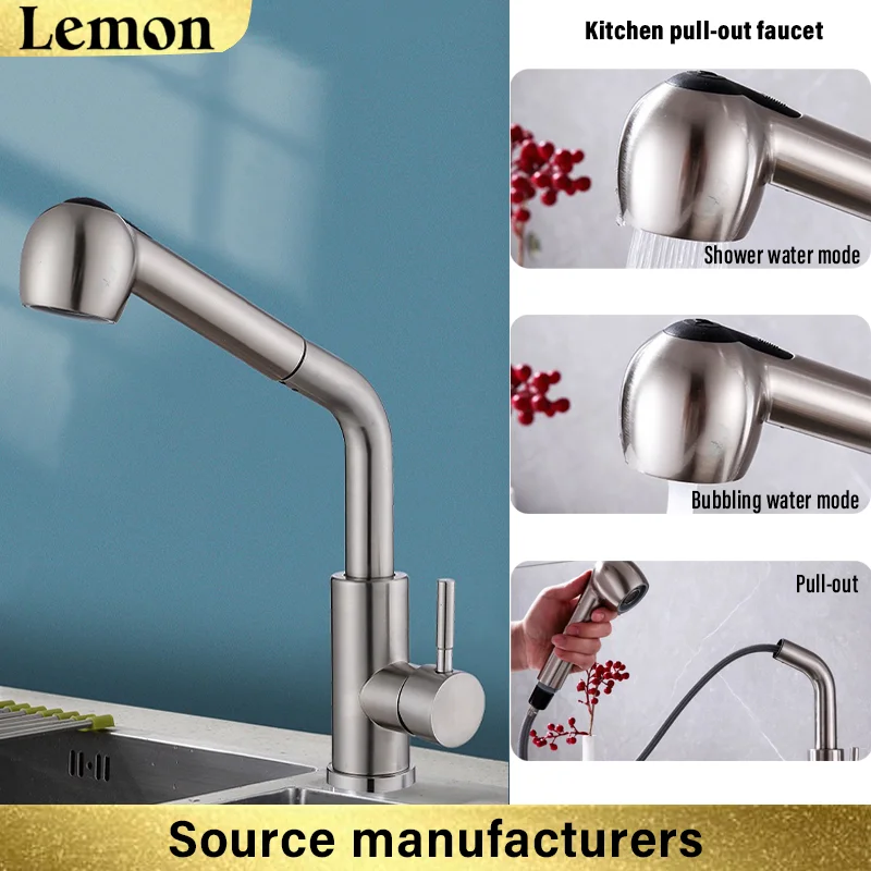 

Kitchen Pull-Out Basin Faucet, Hot and Cold Dual Control, 360 ° Rotation, Selected High-Quality 304 Stainless Steel