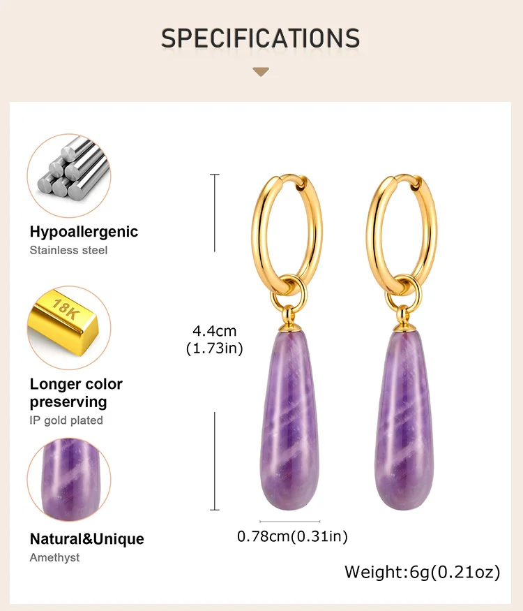 Natürliche Stein-Tropfenohrringe 18k Vergoldeter Edelstahl Tränenförmiger Amethyst Tigerauge Rosenquarz Schmuck Nickelfrei – Detail 3