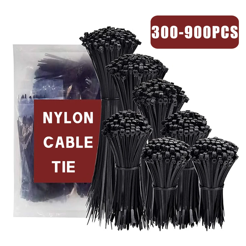 300/900 pcs Self-Locking Nylon Ties Black Binding Tape Multi-Purpose Type Cold Resistant Ties Strong Binding