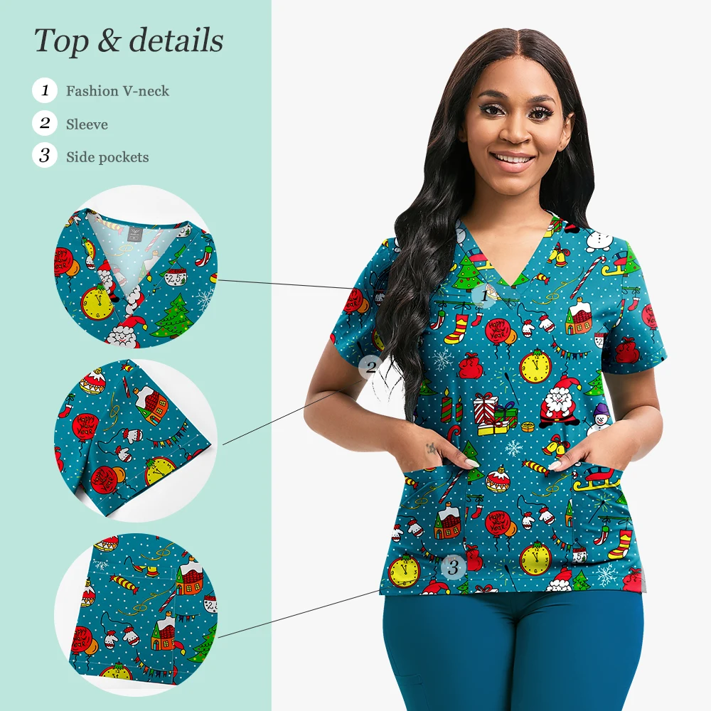 도매 프린트 브이넥 스크럽 빠른 건조 작업복 간호사 소아과 클리닉 약국 스크럽 티셔츠 유니섹스 크리스마스 유니폼