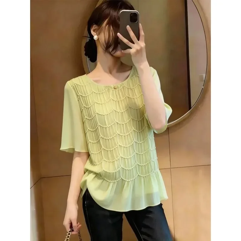 Elegant Women Summer Chiffon Blouse Wave Pleated Short Sleeve Loose Plus Size Hide Belly Slim Casual Top