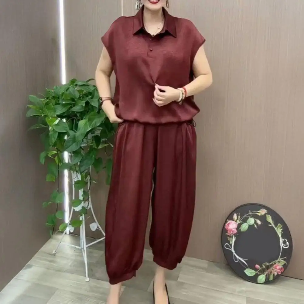 Women Two-piece Set Polyester Stylish Women's Two-piece Outfit Set V Neck Top Long Pants Summer Lounge Suit for Mom Comfortable