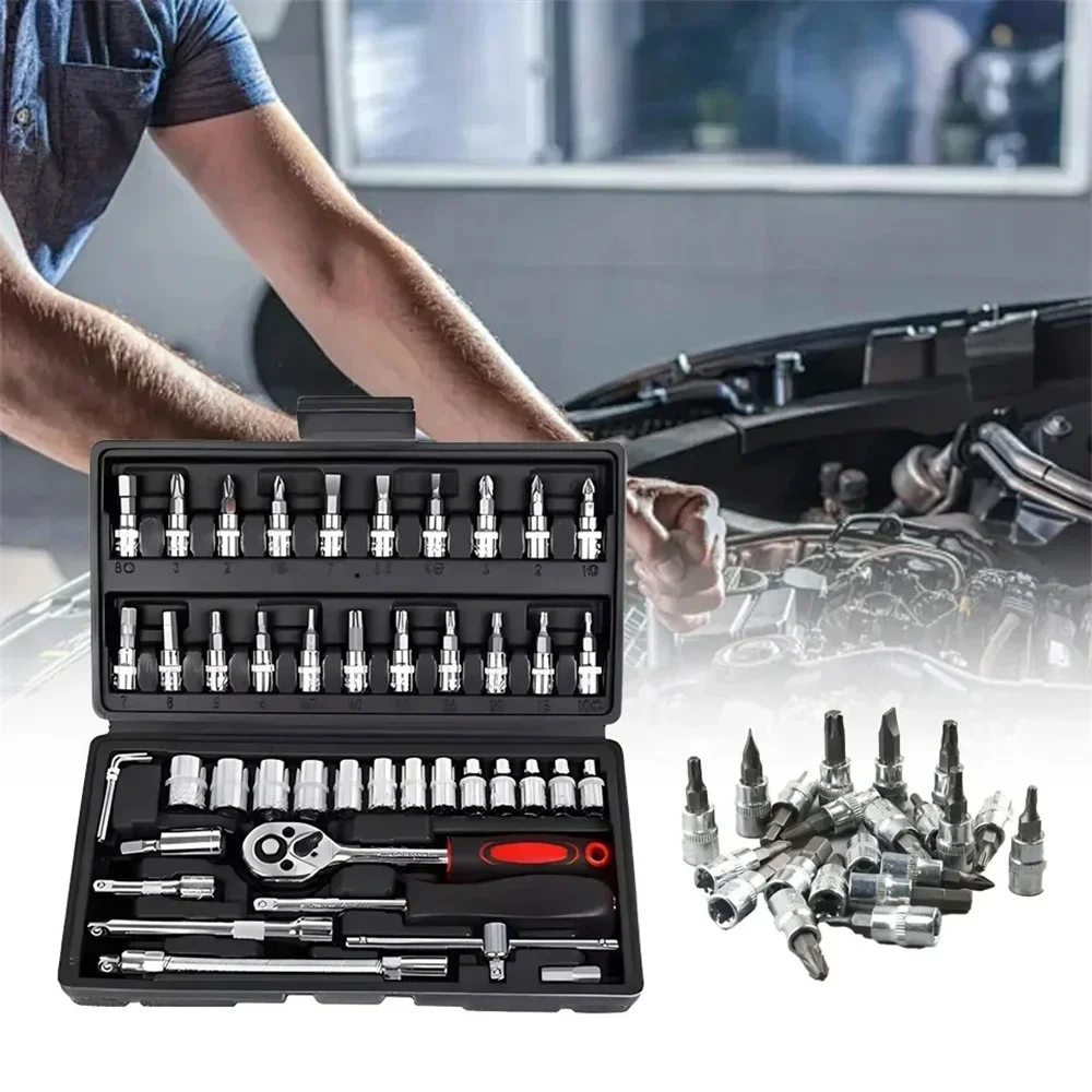 46 Pieces 1/4 Inch Drive Socket Ratchet Wrench Set, With Bit Socket Set, Metric And Extension Bar For Auto Motorcycle Repairing