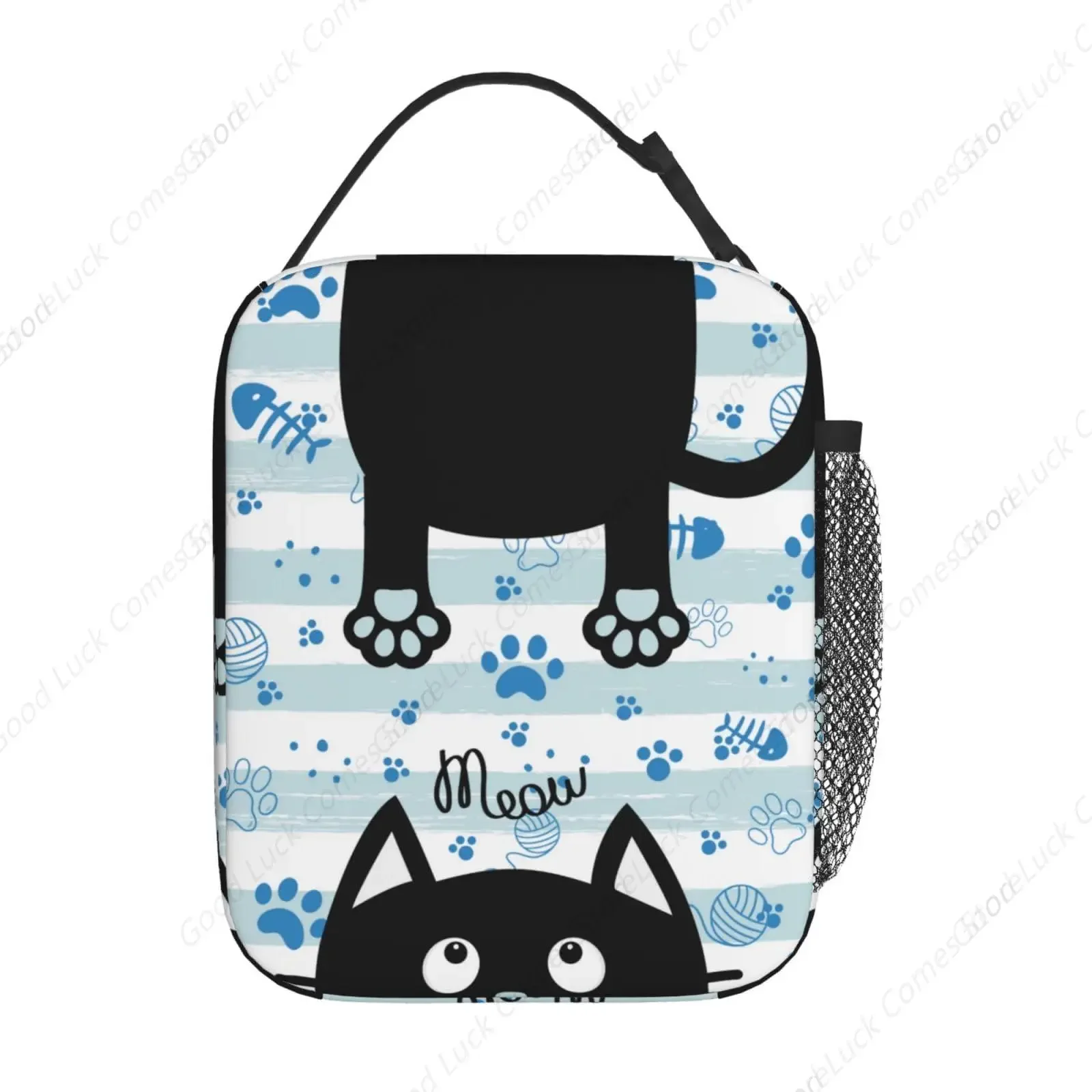 Black Cat Lunch Box for Kids Boys Girls, Blue and White Striped Cat Paws Insulated Lunch Bag for Women Men, Leakproof Durable