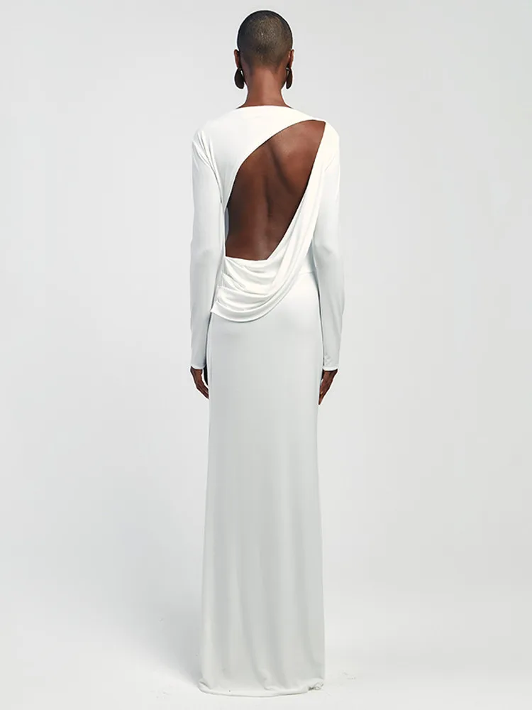 เดรสยาวทรงเอไลน์สำหรับผู้หญิง ดีไซน์หรูหราสำหรับงานกลางคืน แขนยาว คอทรงกลม ตัดเว้าหลัง ทรงเข้ารูป ยาวคลุมเท้า เหมาะสำหรับงานปาร์ตี้