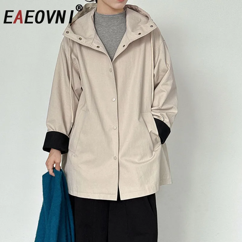 

EAEOVNI модный плащ с капюшоном, женский модный однотонный свободный ветровка с карманами на пуговицах, повседневная осенняя новая одежда 2023 г.