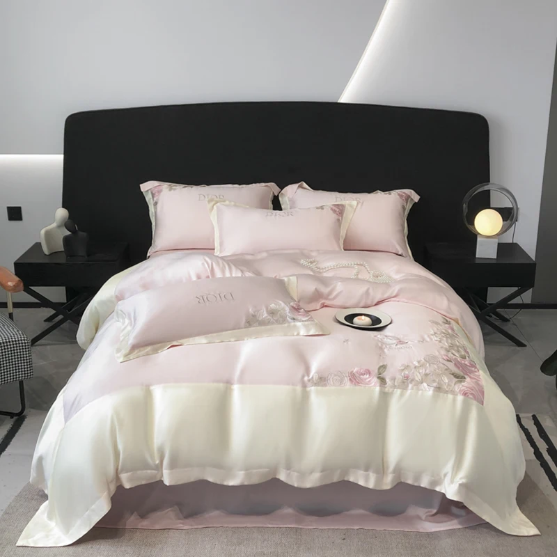 

Pink Flowers Embroidery Bedding Set Luxury 4pcs Silky Ice Silk Quilt/Duvet Cover Sets Fitted Bed Sheet Pillowcases Home Textile