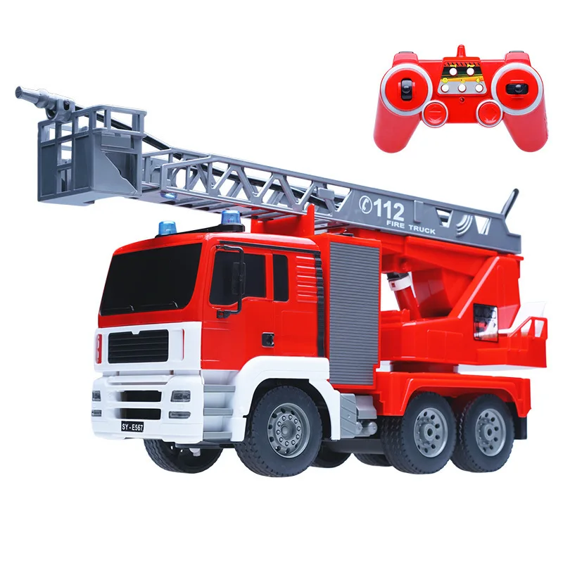 9CH RC Fire Truck Spray Water Remote control Car with RC Aerial Ladder LED Alloy Fire Engine Electronic Fire Sprinkler Truck Toy