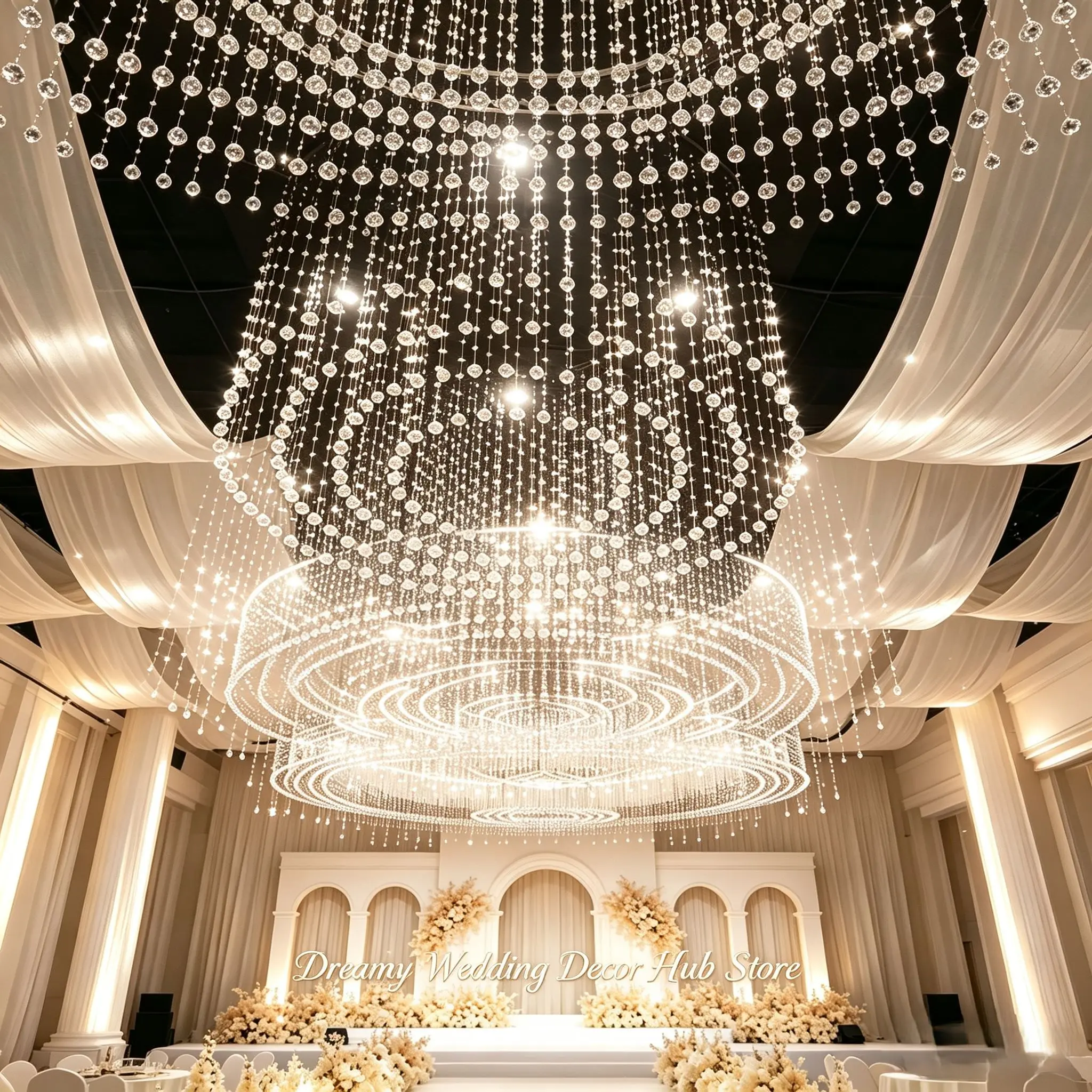 Luxury Metal Circular Ceiling Hoop With Crystal Bead Curtain Hanging Decor for Wedding Xmas Halloween Hotel Stage Party Decor