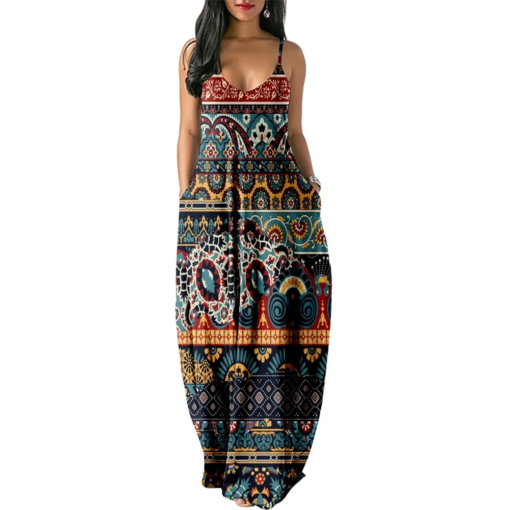 

Ethnic Print Patchwork Print Women Casual Short Sleeve Camisole Dress Loose Long Double Pocket Beach Resort Dress-Woman Dress-