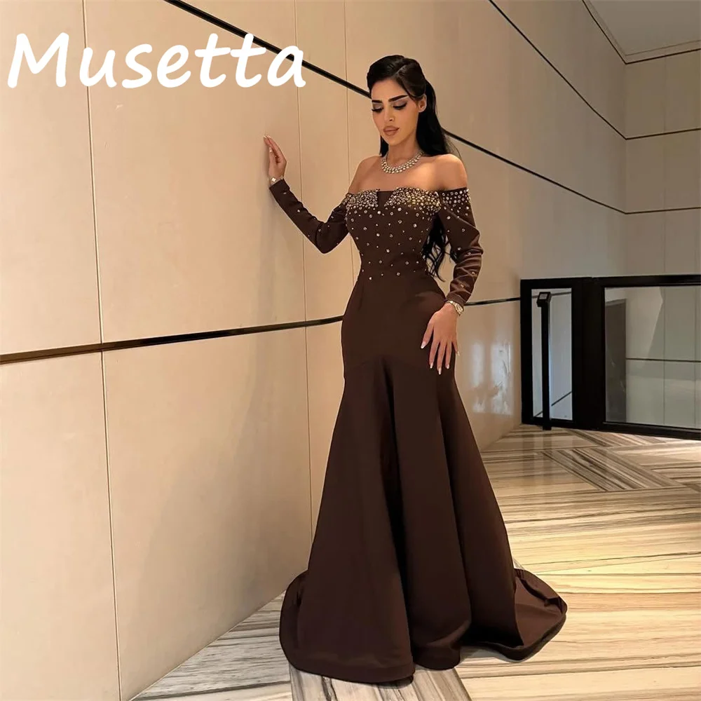 Musetta Abendkleider mit Perlenstickerei, langen Ärmeln, schulterfrei, offener Rücken, trägerlos, formelles Abschlussball-Partykleid