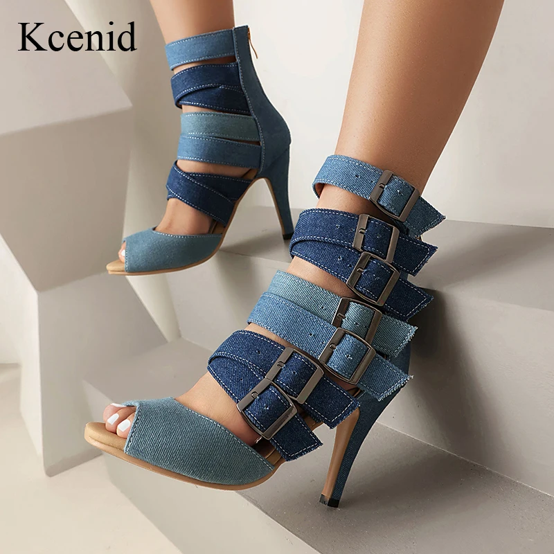 Kcenid Women Heels Peep Toe Denim Boot Woman Shoes Latin Dancing Sexy Stilettos Booties Buckle Ankle Wrap Pumps Ladies Shoes Zip