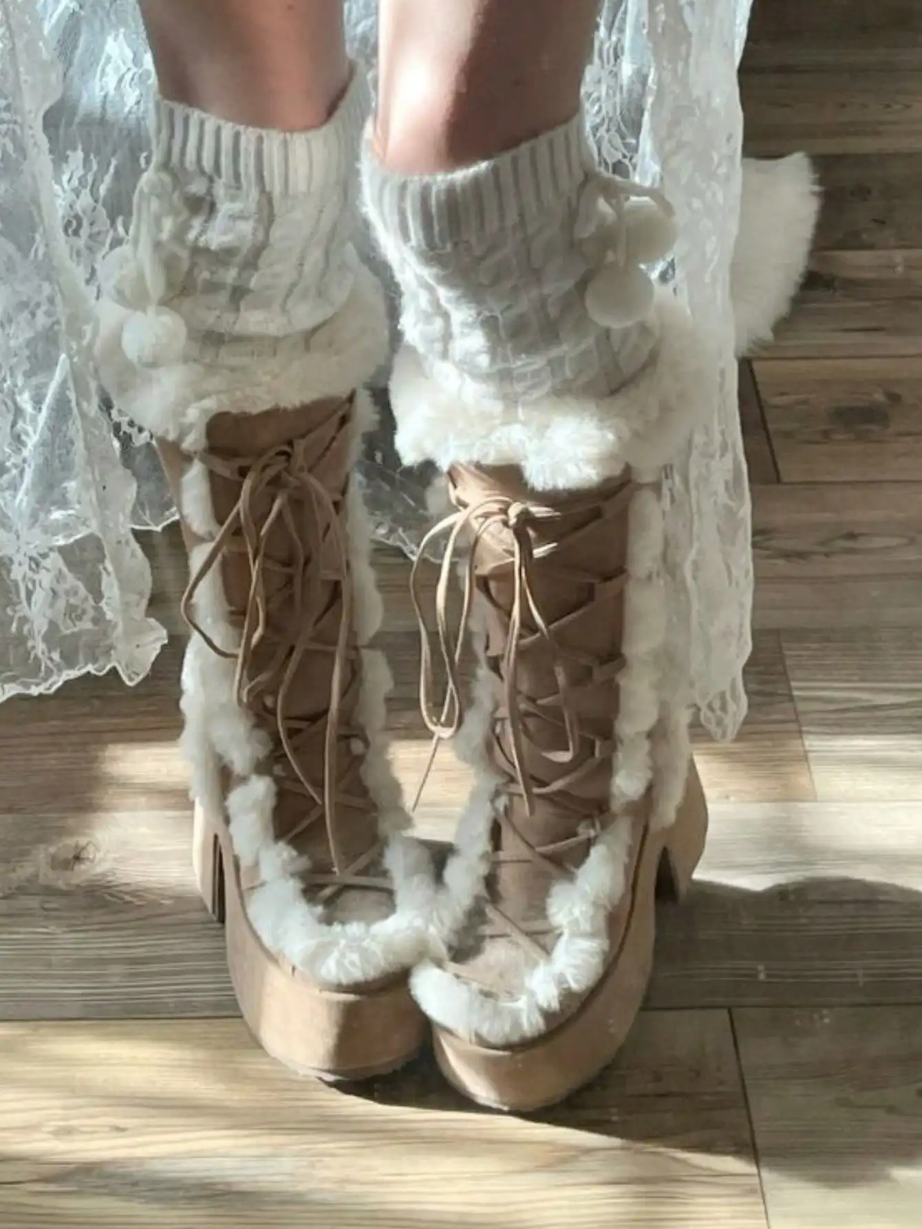Women's Christmas Winter Furry Snow Boots Womens Mid Calf Boots Lace Up Zip Block Chunky High Heel Punk Goth Warm Fur Winter Snow Platform Knee High Boots - view 7