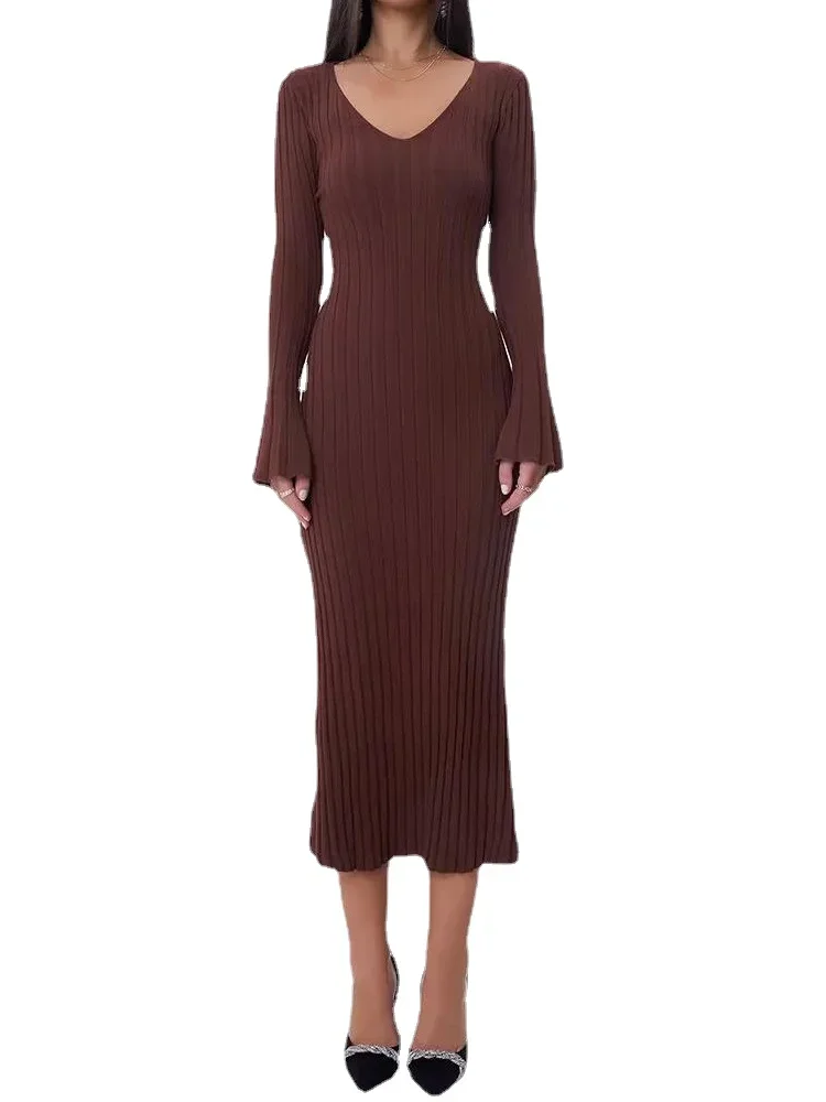 Women V-neck Flare Sleeve Dress Autumn Winter Rib Knitted Stretchable Slim Midi Dresses