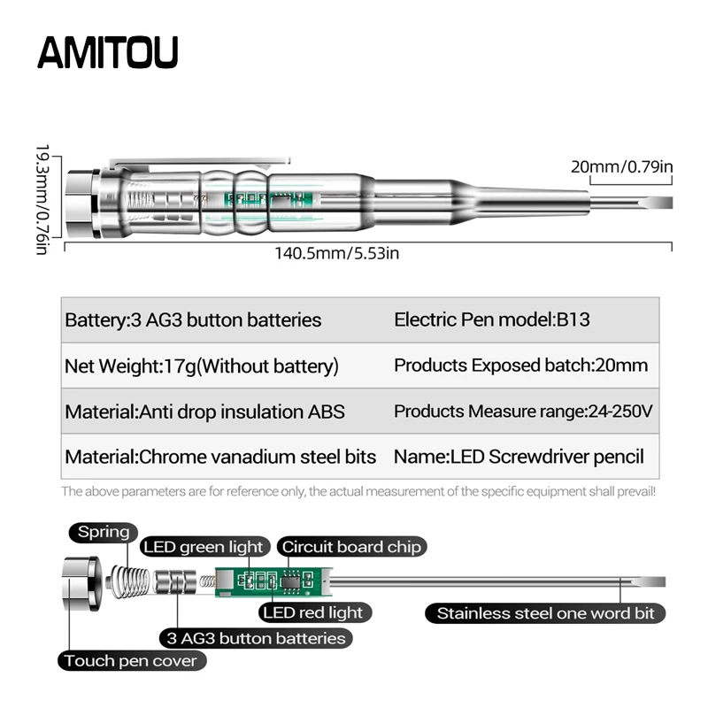 AMITOU B14 Screwdriver Test Pen Non-contact Voltage Meters with Screwdriver Probe 24-250V Tester Volmeter with Light Sound Alarm