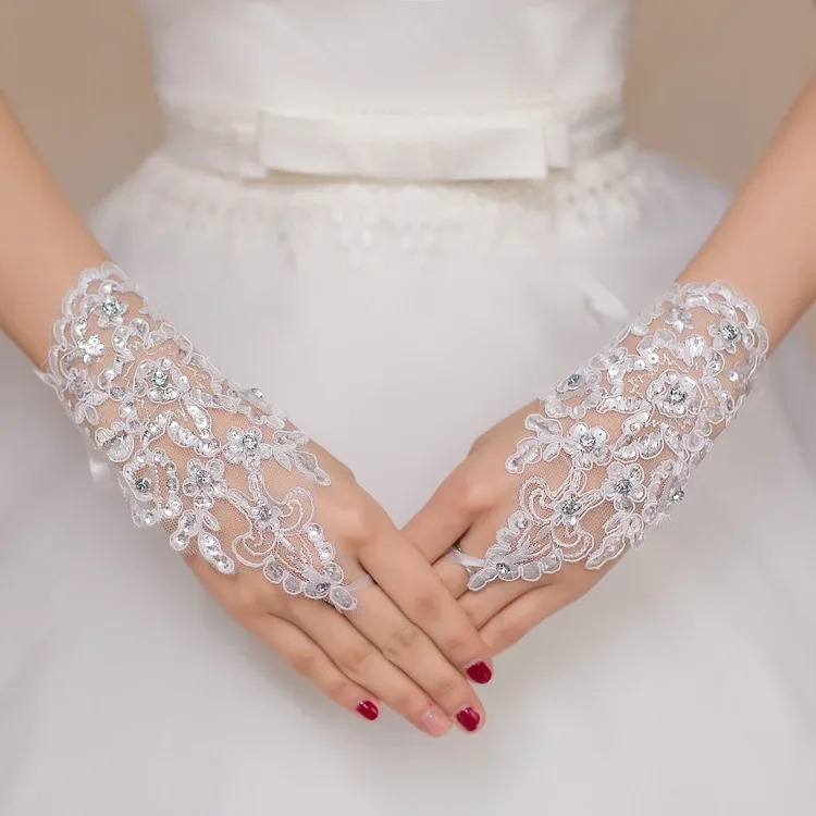 

White Bridal Lace Gloves Tulle Semi Sheer Wrist Short Wedding for Women Girls Evening Dress Party