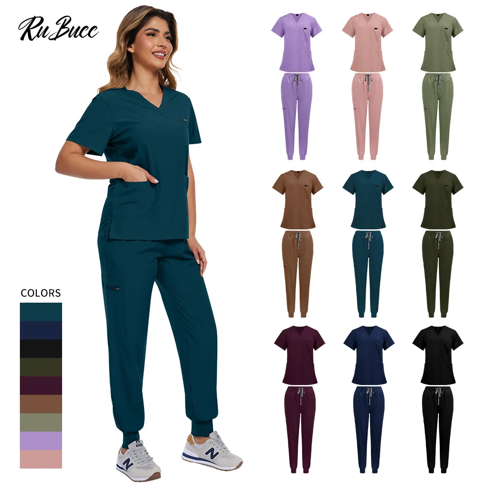 

2-Piece Scrubs Set V-Neck Doctor Costume Women Operating Room Workwear Set Lightweight Multi-Color Pharmacist Work Uniforms Suit