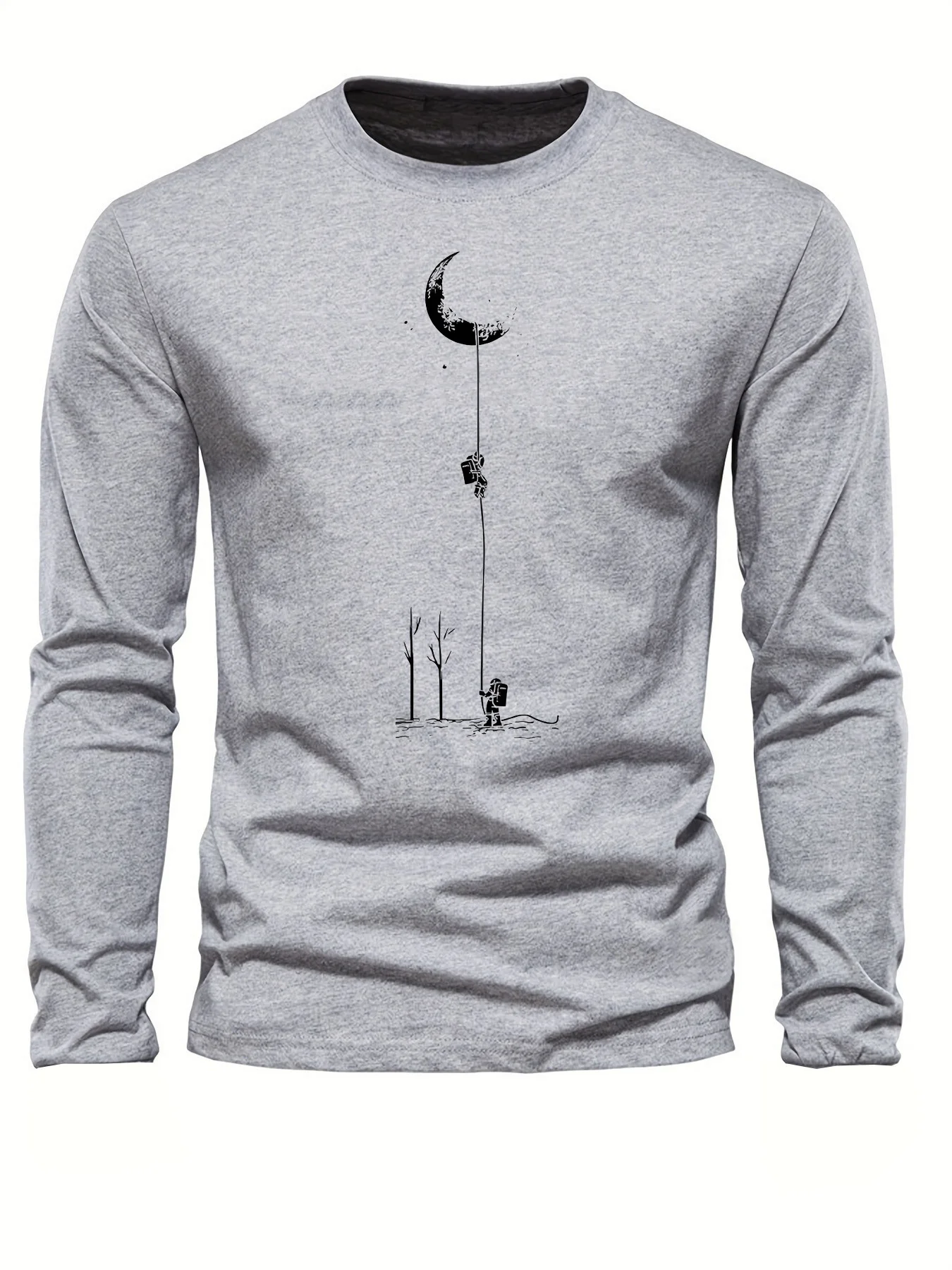 100% Pure Cotton Men's Long Sleeved Round Neck Loose Landing Moon Pattern Printed Spring and Autumn Versatile T-Shirt Top