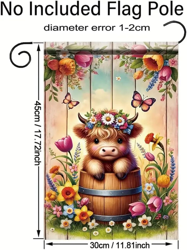 Highland Cow Garden Flag 12x18 Inch Double Sided Outdoor Yard Banner Cute Cow in Barrel with Flowers and Butterflies for Spr EEZ