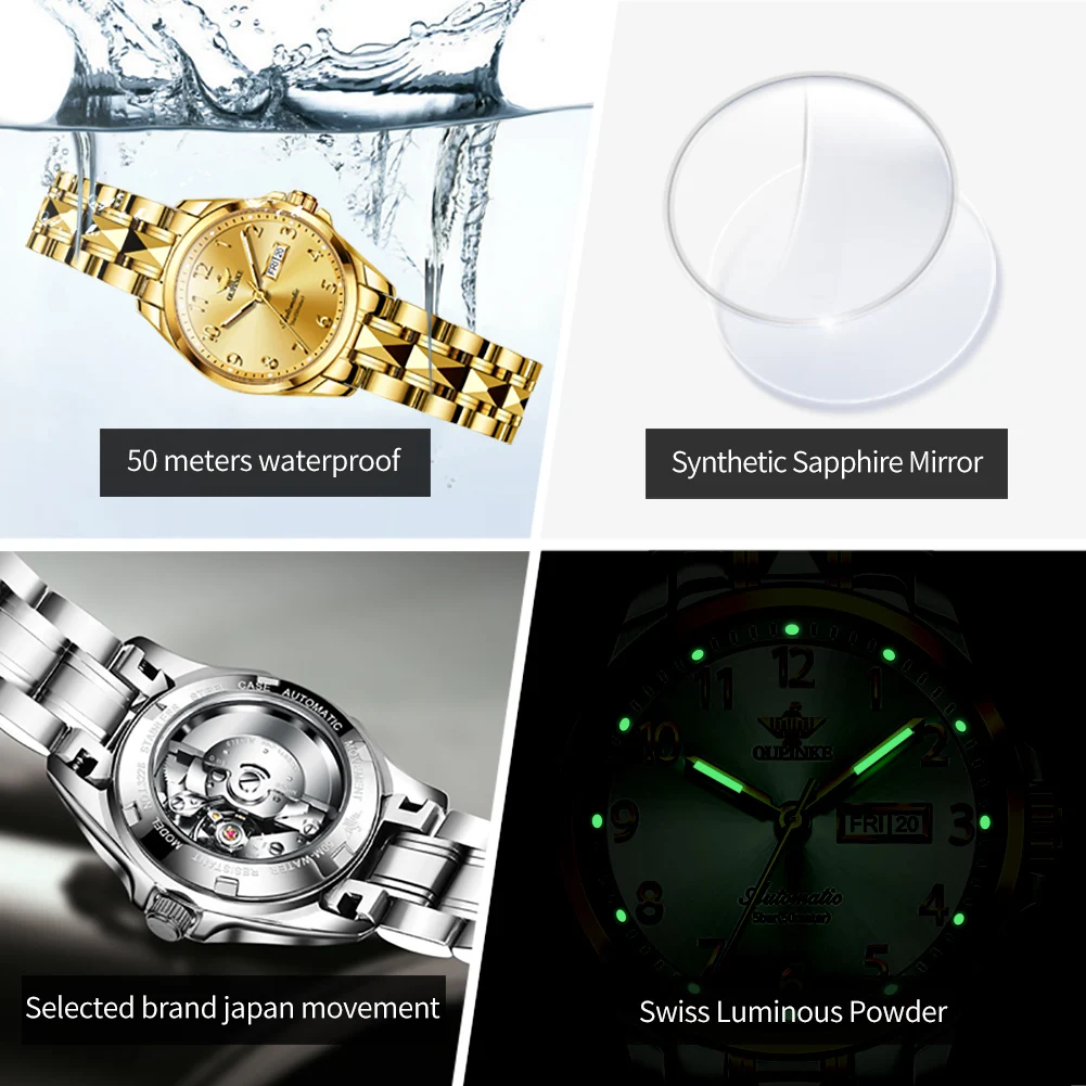 OUPINKE 3228 Women Watch Luxury Brand All Automatic Mechanical Watch Tungsten Steel Sapphire Mirror Women Bracelet Elegant Watch